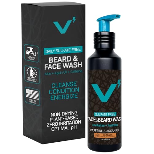 VOLT Face & Beard Wash for Men, Sulfate Free Cleanser with Shea Butter, Argan Oil & Caffeine, Plant Based, Hydrating & Conditioning, Outback Sandalwood Scent, Refillable Aluminum Bottle, 5 Oz Bottle