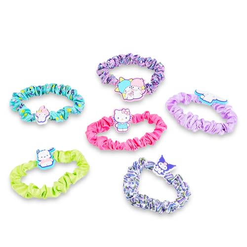 Hello Kitty Scrunchie Set - My Melody, Kuromi and Cinnamoroll Bundle with 8 Scrunchies, 4 Hair Clips, Stickers, More | Hello Kitty Hair Ties for Girls