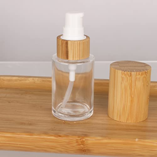 COSIDEA 6 pcs Empty 1oz / 30ml bamboo lids clear glass bottle with lotion pump dispenser, refillable emulsion cosmetic cream bottles, toiletries refill travel container