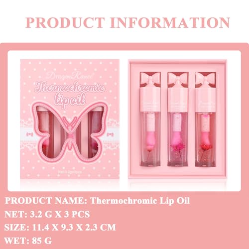 3 Pcs Color Changing Lip oil from Clear to Pink, Magic Temperature Color Change Lipstick and Tinted, Moisturizing Non-Sticky Glossy Shine Lip Gloss