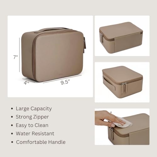 MELINE Leather Makeup Bag with Brush Holder,Travel Cosmetic Case for Women,Large Capacity Waterproof Toiletry Bag with Handle,Stylish and Durable Makeup Organizer (Taupe)