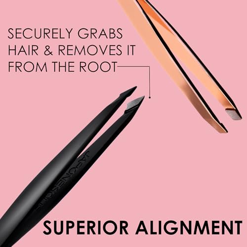 JAPONESQUE Pointed-Slant & Slant Tweezers, 2 Pack for Eyebrow Grooming, Facial Hair Removal, Rose Gold and Black, Stainless Steel