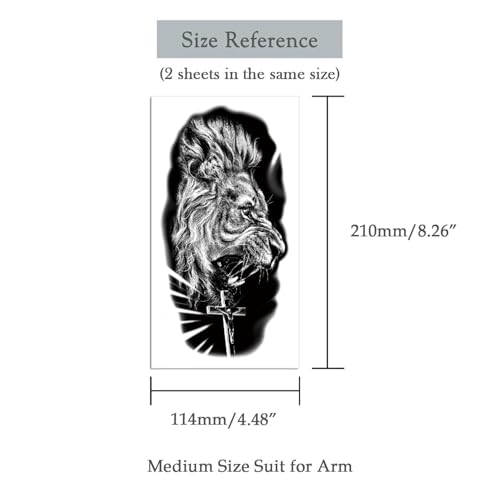 2 Sheets Realistic Animal Temporary Tattoos Stickers Black Lion Cross Designs For Men Waterproof Arm Leg Fake Body Art, Gym & Parties Bold Masculine Decals