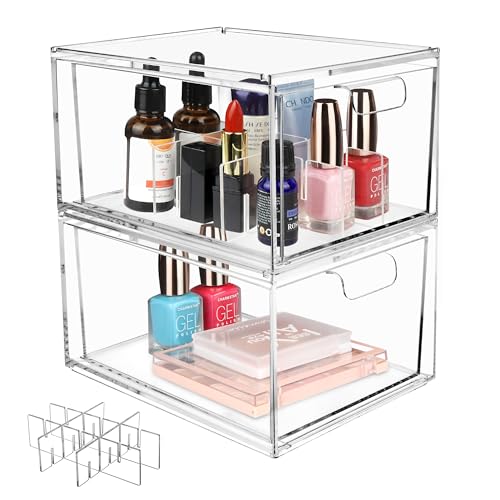 Yes!Fresh Drawer Organizer Stackable Cosmetic Desk Organizer with Removable Interior Partitions for Vanity Organization and Storage,Clear Bathroom Organizer (2)