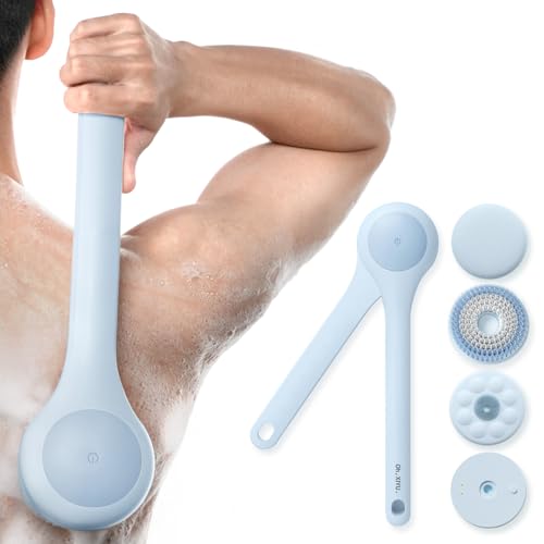 Electric Body Brush Back Scrubber for Shower + Descaling Brush Head, Sky Blue