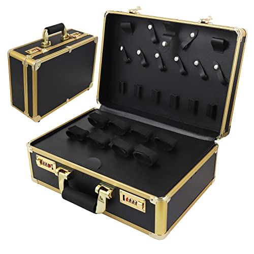Barber Case Clipper Bag Gold, Hair Kit Tool Box Aluminum Organizer with Portable Handle and Secure Numlock for Scissors, Clippers, Barber Supplies 15.7" x 12" x 6.1"