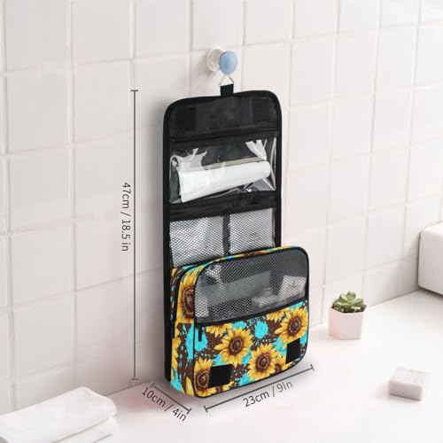 Hanging Toiletry Bag for Women Teal Art Floral Sunflower Makeup Bag Travel Essentials Toiletries Organizer Bag Flower Cosmetic Bag Foldable