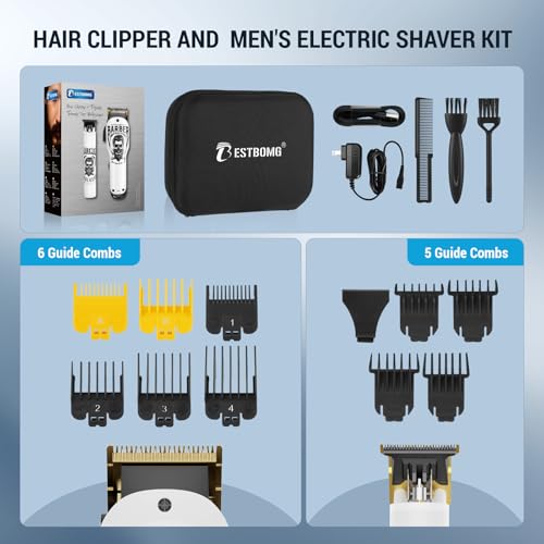 BESTBOMG¢ç Hair Clippers & Trimmer Ceramic T-Blade Cordless Haircut Sets Rechargeable 2000mAh/1200mAh with 10 Guide Combs & for Men/Father/Husband/Boyfriend