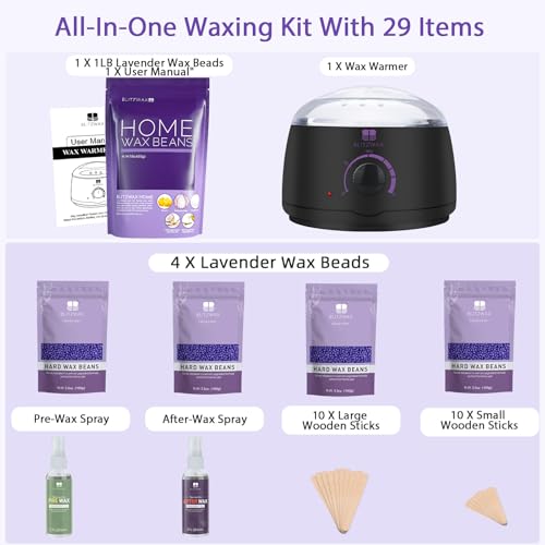 BLITZWAX Wax Warmer Hair Removal Waxing Kit with 1lb Lavender Wax Beads for Sensitive Skin/Body/Face/Bikini/Leg/Brazilian, 29 Items Wax Kit and Hard Wax Beans Refill Ideal for Women Men at Home Salon