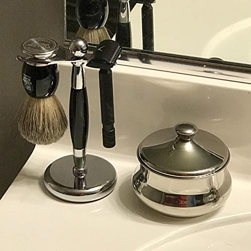 SANWA Deluxe Stainless Steel Shaving Brush Stand Holder for Razor & Brush - Extra Wide Openings, Weighted Base Black Handle