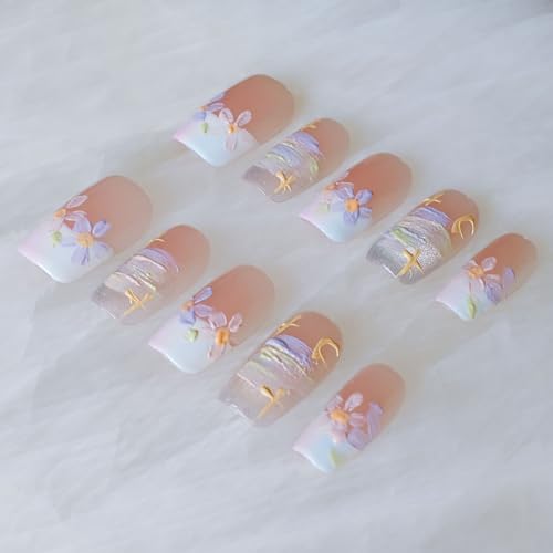 [GLORS] Purly Handmade Medium Ballerina Press on Nails | Oil Painting Style Flower in White and Nude French Tip Nails, 10 Pieces (Medium, MB)