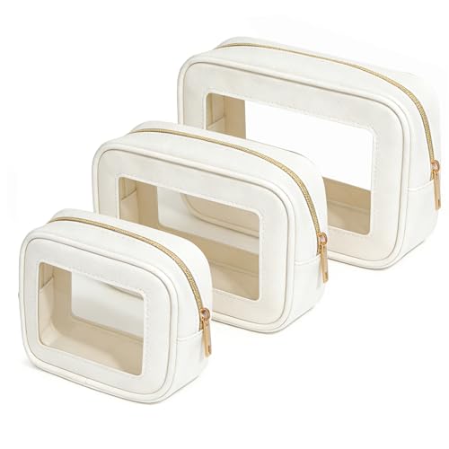 3Pcs Clear Makeup Bag Set for Women, Waterproof Travel Clear Makeup Bag Small Toiletry Bag Skincare Pouch Portable Travel Cosmetic Bag with Zipper Compact Car Organizer Bag for Essentials (White Set)