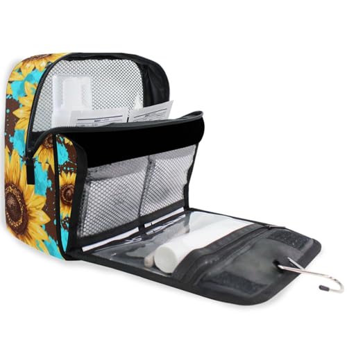Hanging Toiletry Bag for Women Teal Art Floral Sunflower Makeup Bag Travel Essentials Toiletries Organizer Bag Flower Cosmetic Bag Foldable