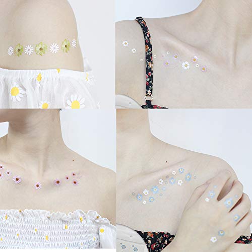 12 Sheets Daisy Tattoo, Summer Flower Temporary Tattoo Sticker for Women Lady Girls, Body Art on Arm Shoulder Wrist Face Clavicle