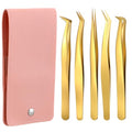 5 Pcs Lash Tweezers Set High Precision Stainless Steel Eyelash Tweezers Gold Curved Volume Professional Applicator Individual Lash Extensions Tool with Storage Box for Classic