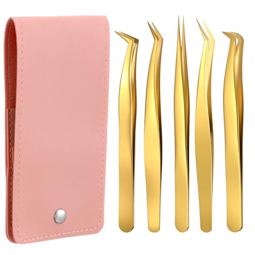 5 Pcs Lash Tweezers Set High Precision Stainless Steel Eyelash Tweezers Gold Curved Volume Professional Applicator Individual Lash Extensions Tool with Storage Box for Classic
