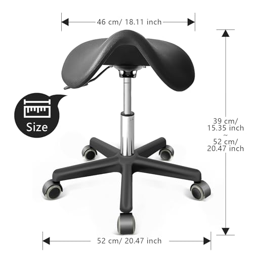 Saddle Stool with Wheels - Anti-Static Ergonomic Adjustable Rolling Stool for Salon, Spa, Office & Home - 360¡Æ Swivel Hydraulic Chair, 330LB Capacity, Black