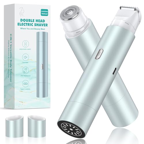 Bikini Trimmer for Women, Dual Head Face Shaver Body Hair Trimmmer, IPX7 Waterproof Womens Electric Razor for Legs, Lake Green