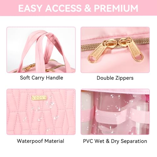 Voova Hanging Travel Toiletry Bag for Women Men, Waterproof Makeup Cosmetic Organizer Holder for Toiletries Accessories, Traveling Essentials,Shampoo,Full-Sized Container, Brushes Kit Set, Pink