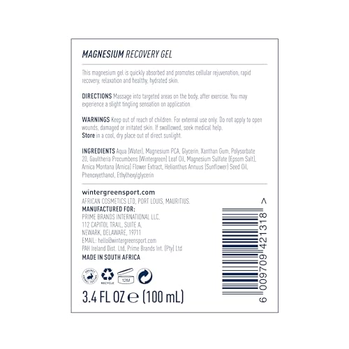 Wintergreen Magnesium Body Gel, 3.4oz ? with Pure Magnesium and Arnica Oils, Non-Greasy Gel for Soothing Massage and Relaxation