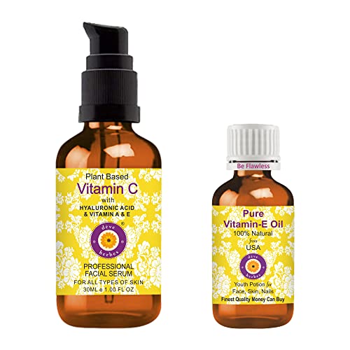 d?ve herbes Plant Based Vitamin C Face Serum with Hyaluronic Acid & Vitamin A & E for Personal Care 30ml (1 oz) with Free Pure Vitamin E Oil 10ml (0.33 oz)