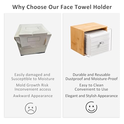 HBlife Bamboo Disposable Face Towel Holder Compatible with Clean Skin Club Face Towel XL, Wall-Mounted Acrylic Storage Box with Drawer for Makeup Remover Wipes for Vanity and Bathroom