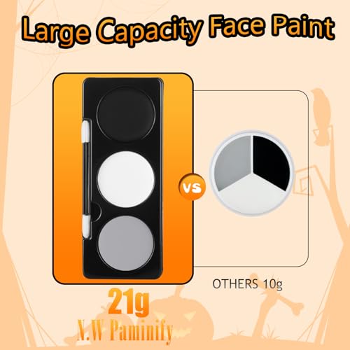 Black White Light Grey Face Paint + 3PCS Sponge + Brush,3 Colors Gray Body Paint Palette for Zombie Skeleton Vampire Cosplay,Skull Black White Halloween SFX Makeup Kit,21g