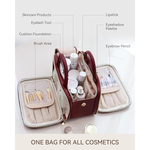 Prite Travel Makeup Bag Women¡¯s Large Capacity Waterproof Cosmetic Organizer Portable Open Flat Toiletry Case with Free-standing Brush Holder and Handle(Burgundy Large)