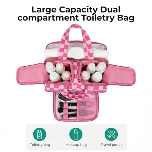 LETGO Travel Toiletry Bag, Spacious Checkered Toiletry Bag for Women,Large Toiletry Bags for Traveling,Lightweight Travel Cosmetic Makeup Bag Organizer for Accessories,Toiletries (Pink Checkered)