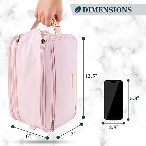 PAVILIA Toiletry Bag for Women, Canvas Travel Dopp Kit, Water Resistant Hygiene Bag Toiletries Organizer, Shaving Kit Travel Accessories Bag, Pink, Extra Large