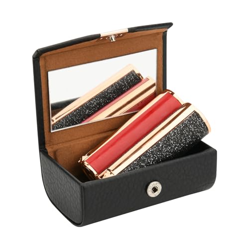 Beautyflier Large Lipstick Case with Mirror, Women¡¯s PU Leather Lipstick Case Holder for Purse with Mirror Rectangle Makeup Travel Cases, Women's Portable Lipstick Pouch Travel Cosmetic Case (Black)
