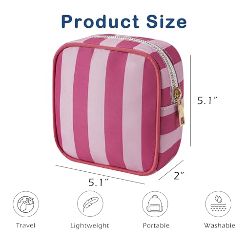Small Stripe Makeup Bag for Purse, Mini Cosmetics Bag with Zipper, Cute Cosmetic Pouch for Women Girls, Key Pocket Lipstick Pouch Card Holder Data Cable Organizer(01 Rose Pink Stripes)