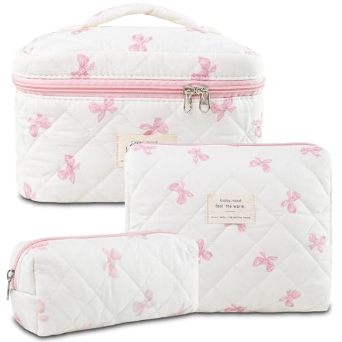 3Pcs Makeup Bag Cotton Quilted Travel Cosmetic Bag Cute Floral Makeup Pouch Large Toiletry Bag for Women Girls (Bow-Pink)