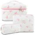 3Pcs Makeup Bag Cotton Quilted Travel Cosmetic Bag Cute Floral Makeup Pouch Large Toiletry Bag for Women Girls (Bow-Pink)