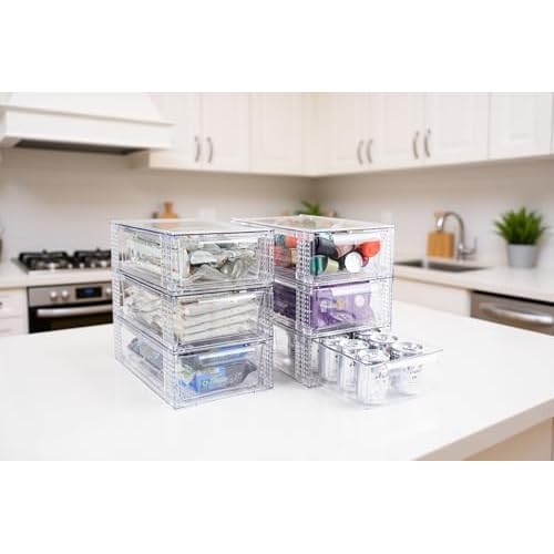 4 Pack Clear Stackable Storage Drawers, 3.95" H Easily Assemble Acrylic Organizer Bins - Multi-Use for Make up, Closet, Pantry, Bathroom, Medicine, Kitchen Cabinet & Undersink Organization