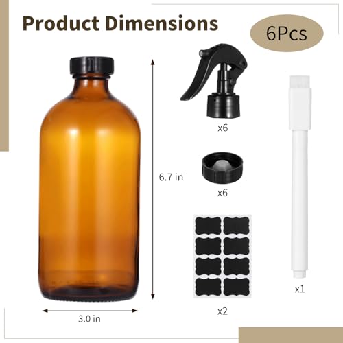 OMISTAR 6 Pcs 16 oz Amber Glass Spray Bottles for Cleaning - Empty Glass Spray Bottle Set with Labels and Pen, Refillable Container for Essential Oils, Trigger Sprayer, Adjustable Nozzl, Leakproof