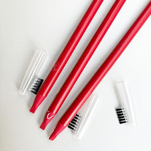 3Pcs Permanent Makeup Pencil Set - Red Eyebrow & Lip Tattoo Mapping Pencil with Brush | Waterproof, Long-Lasting, Peel-Off Design | Professional Microblading, Cosmetic Tattoo Tools