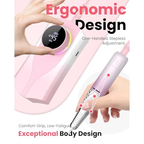 Nail Drill Professional 45000 RPM, Electric Nail File with LED Display & 45 Speeds, Rechargeable Nail Drill Kit for Acrylic Gel Nails, Manicure Pedicure at Home Salon (1800mAh-Pink)