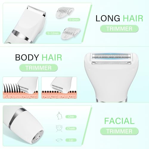 Bikini Trimmer for Women, 3-in-1 Electric Razors for Silk Skin, Wet/Dry Body Hair Shaver for Face Nose Eyebrow Arms Armpit Legs Pubic Area, Painless, IPX7 Waterproof, Ceramic Blade