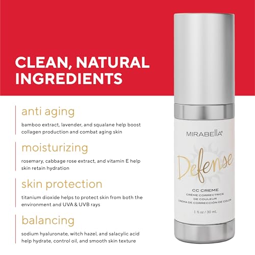 Mirabella Defense CC Creme Full Coverage Foundation with SPF 20, CC Cream Foundation with Sunscreen & Hyaluronic Acid, Oil Control with Salicylic Acid - Dark