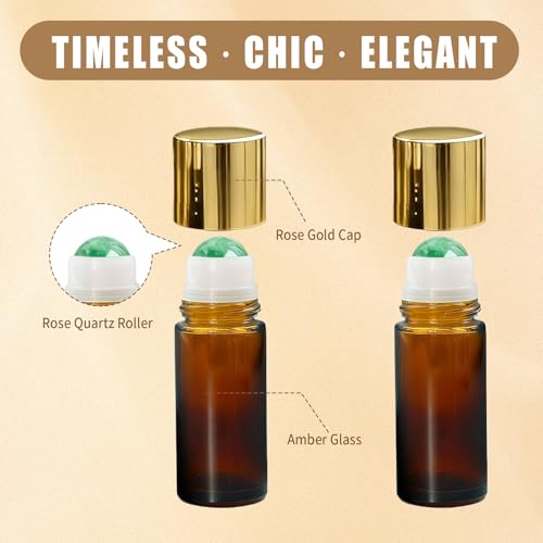 2Pack Green Aventurine Roller Bottles for Essential Oils, 50ml Refillable Amber Glass Roll On Bottles with Natural Crystal Roller Balls, Leak-Proof Travel Perfume Bottle with Gold Caps