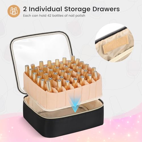 Hautton Nail Polish Organizer Holds 84 Bottles & Lamp, Extra Large Nail Kit Supplies Storage Bag with 2 individual drawers, Portable Nail Organizers Travel Case for Manicurist -Black