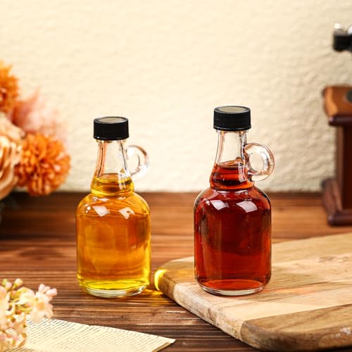 24 Packs 3.4 oz Glass Syrup Bottles with Handle and Black Lids, Mini Maple Syrup Bottles for Party & Wedding Favors Gifts, Honey, Coffee, Juice