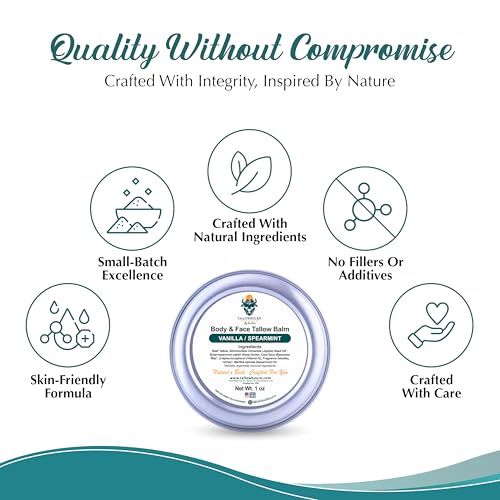 Grass Fed Beef Tallow Balm for Face and Body with Shea Butter, Organic Jojoba Oil, Honey, and Beeswax ? Beef Tallow for Skin ? Vanilla and Spearmint ? 1 oz