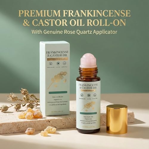 Frankincense & Castor Oil Roll-On with Rose Quartz, Organic Cold-Pressed Castor Oil for Face & Body, Portable Roller Applicator, 50ml / 1.69oz (2)