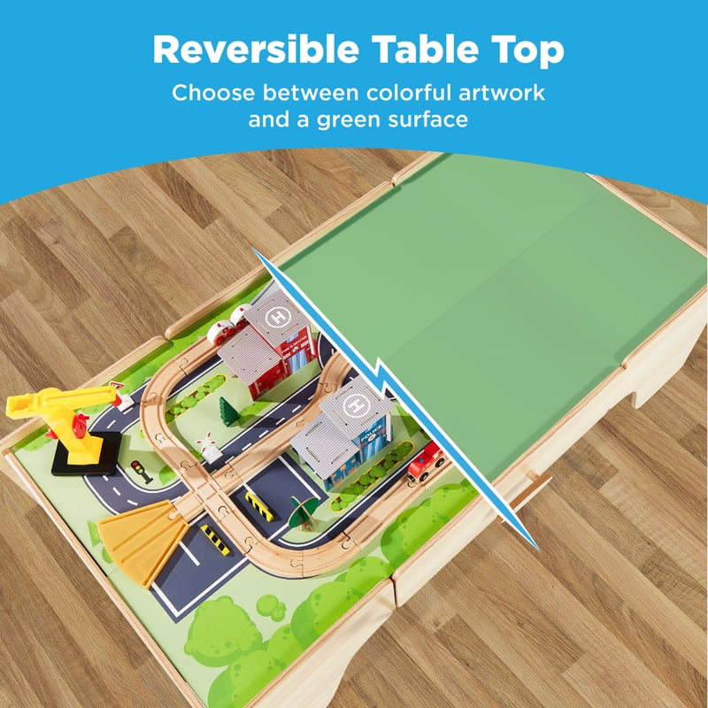 Kids Train Table Set with Reversible Surface - Wooden Play & Activity Center