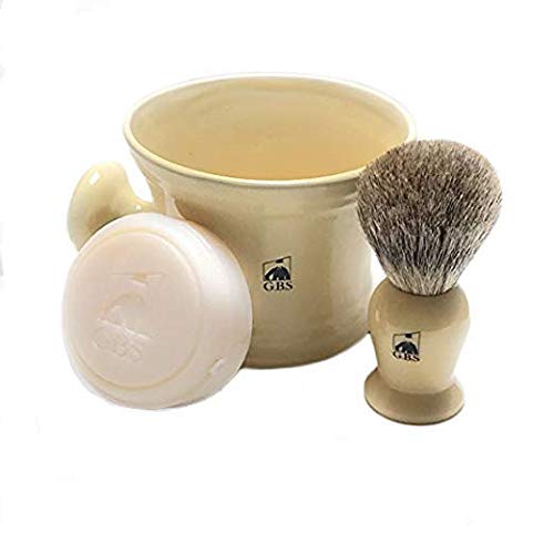 G.B.S Men's Shaving Set - No.84 Cologne, Ivory Handle Badger Bristle Shaving Brush, Ivory Shave Mug with Aftershave Natural Shaving Soap