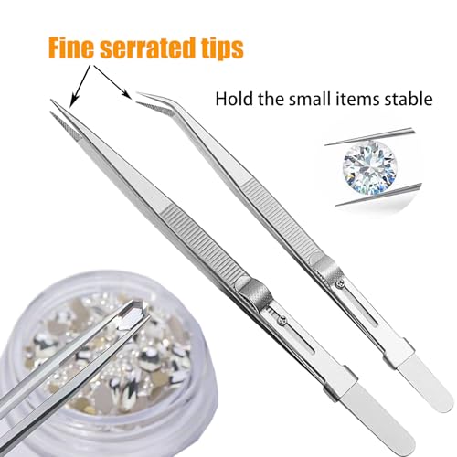 Adjustable Slide Lock Nail Art Tweezers Set,Precision Rhinestone Jewel Craft Tweezers, Anti Static Locking Tweezers for DIY Nail Stickers Nail Art,2 Pieces