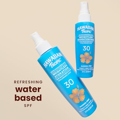 Hawaiian Tropic Weightless Hydration Water Mist for Face SPF 30, 2.1Fl Oz, Travel Size SPF Face Hydrating Spray, Non-Comedogenic Sunscreen Facial Mist, Non-Aerosol Sunscreen Spray, 2.1Fl Oz(Pack of 2)