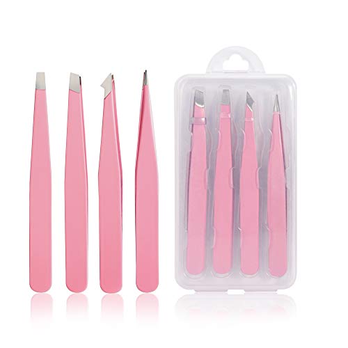 Tweezers Set 4-piece, Professional Stainless Steel Tweezers, Precision Tweezers for Eyebrows, Facial Hair, Ingrown Hair, Splinter, Blackhead and Tick Remover (PINK)